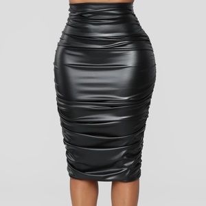 Faux Leather Ruched Midi Skirt